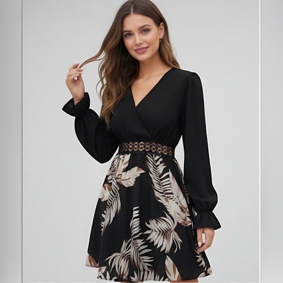 Tropical Print Guipure Lace Insert Flounce Sleeve Dress - Picture 3 of 7